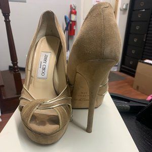 Jimmy Choo Suede/Glitter nude peep toe Pumps